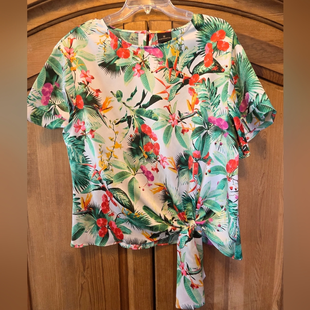 Women's Medium Tropical Hawaiian Print Blouse Top Short Sleeve Worthington